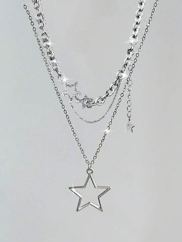ROMWE Goth 2pcs Punk Vintage Style Star Pendant Necklace Set With Rhinestone Detail, Double-layered, Chic And Cool Collarbone Chain Necklace