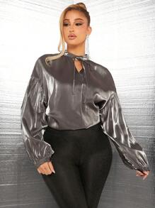 SHEIN SXY sexy outfits club Women's Drop Shoulder Glitter Fabric Tie Neck Blouse - Black - View 4