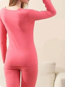 女款加厚雙面拉絨保暖內衣套裝 - 西瓜粉 - 查看 5