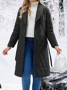 SHEIN 孕婦純色荷葉領自綁腰帶開放式前閉合外套 - 黑色 - 查看 7