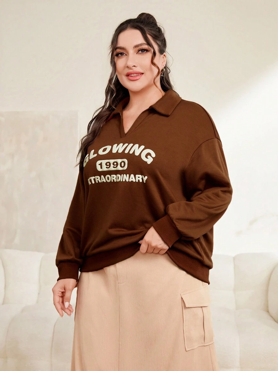 Mulvari 大尺碼女士字母印花下垂肩運動衫