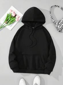 SHEIN EZwear Women's Cartoon Bear Printed Hoodie With Back Design - Black - View 2