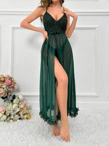 Snug Zone Sequin Patchwork See-Through Mesh Cami Lingerie Pajama Dress For Home And Sleep Long Dress - Dark Green - View 3
