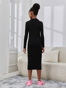 SHEIN Đầm dài tay kiểu dáng thể thao Tween Girl dệt kim nửa túi dành cho trang phục dạo phố - màu đen - Xem 2