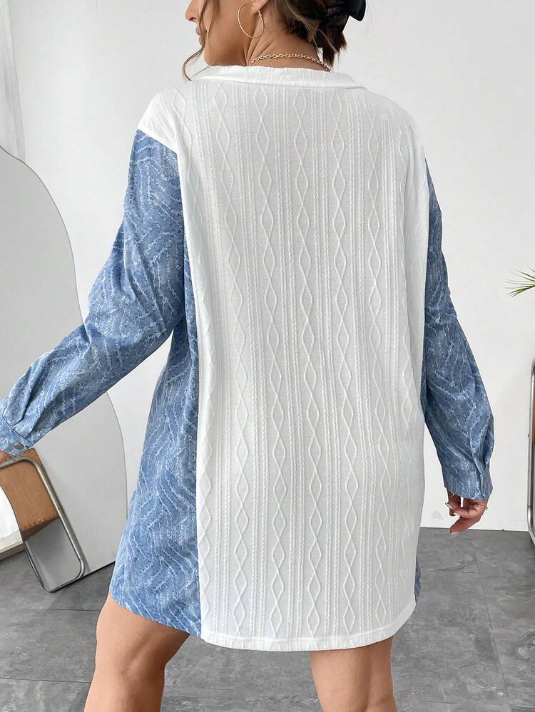 Women's Plus Size V-neck Colorblock Long Sleeve Dress
