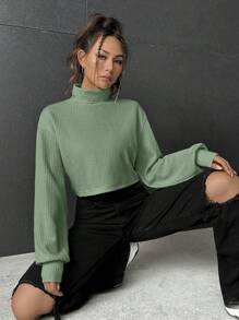 SHEIN EZwear 女款純色高領落肩短版 T 卹 - 薄荷綠 - 查看 3