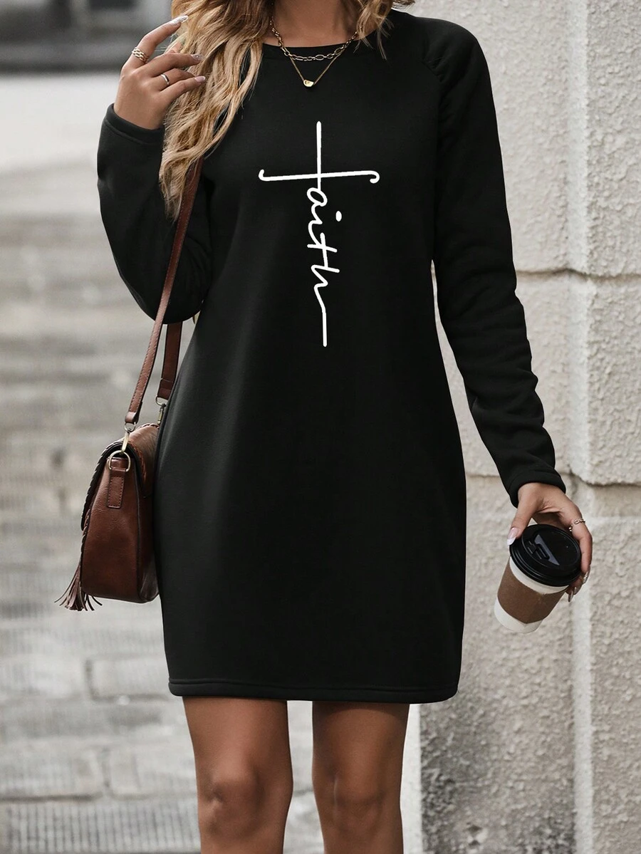SHEIN LUNE Letter Printed Raglan Sleeve Dress - Black - View 1