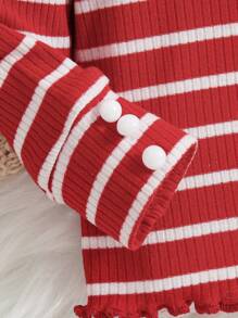 SHEIN 嬰兒女寶寶休閒條紋針織萵苣邊長袖上衣 - 紅色 - 查看 5