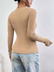 SHEIN Essnce Cổ vuông Tay áo dài Áo thun - Lạc đà - Xem 2