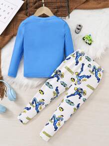 SHEIN 青少年男孩休閒短袖圓領印花t恤和長褲套裝,緊身家居服 - 彩色 - 查看 2