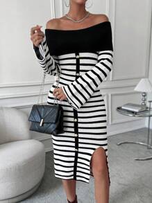 SHEIN Unity 女士條紋露肩毛衣裙 - 黑與白 - 查看 5