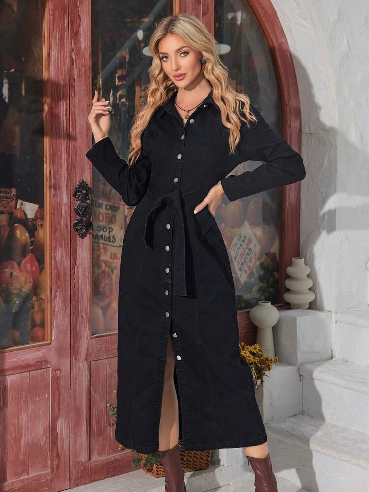 Women's Denim Dress With Button Front Closure And Waist Belt Fall Cloth For Women