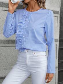 SHEIN Clasi Blusa Con Dobladillo Con Volantes Y Rayas Verticales Para Mujer - Azul - Ver 5