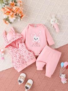 SHEIN Set Bayi Perempuan Zip Kartun Huruf Random Print - Berwarna merah muda - View 3