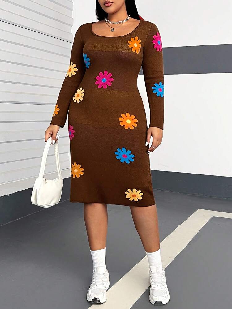 Plus Size Floral Patterned Sweater Dress With Large Round Neckline