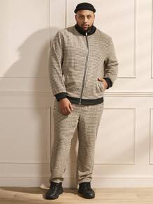 Manfinity VCAY Men's Plus Size Plaid Woven Casual Two Piece Set - Khaki - View 4