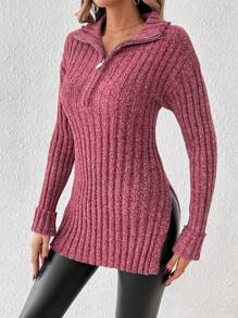 SHEIN Frenchy Áo len chui đầu cổ lọ xẻ cao khóa kéo nửa trơn - Màu đỏ tím - Xem 1