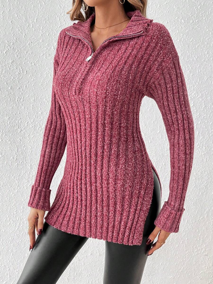 SHEIN Frenchy Áo len chui đầu cổ lọ xẻ cao khóa kéo nửa trơn - Màu đỏ tím - Xem 1