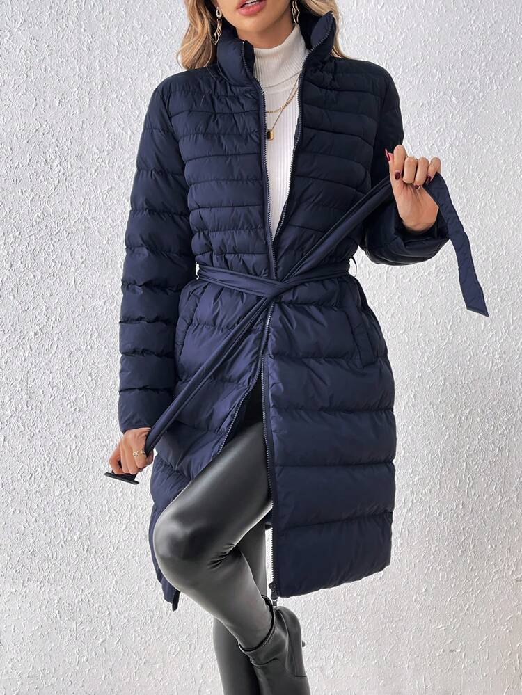 Women's Stand-Collar Belted Padded Coat Winter Casual Blue