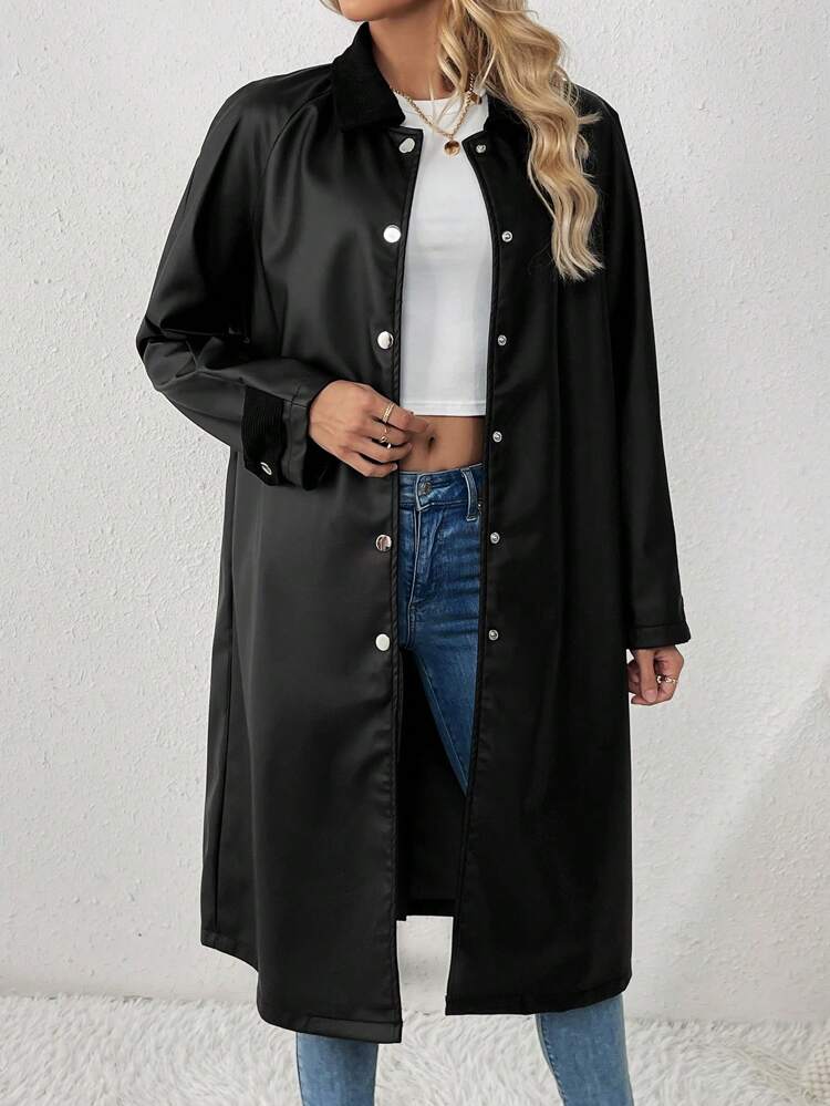 Black Notched Collar Single Breasted Trench Coat With Raglan Sleeves Fall Cloth For Women