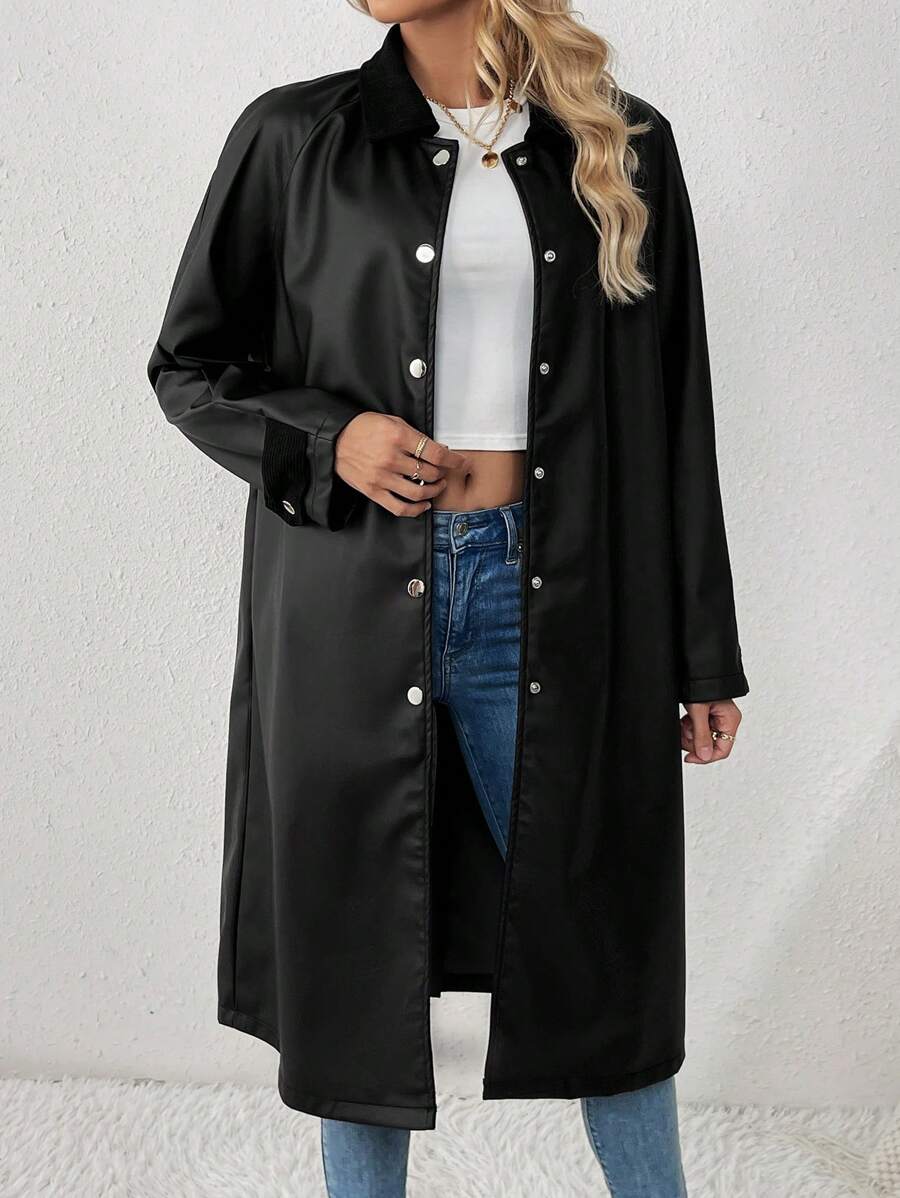 Chiquease Black Notched Collar Single Breasted Trench Coat With Raglan Sleeves Fall Cloth For Women - Black - View 1
