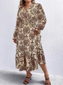 SHEIN LUNE Plus Size Women's Lotus Leaf Sleeve Satin Printed Dress