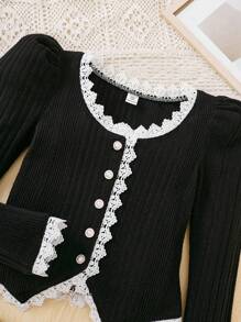 SHEIN 少女優雅蕾絲拼接羅紋圓領夾克 - 黑與白 - 查看 3