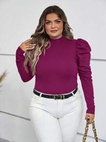 SHEIN Clasi Plus Size Solid Color Leg Of Mutton Sleeve Half Turtle Neck T-Shirt - Red Violet - View 1