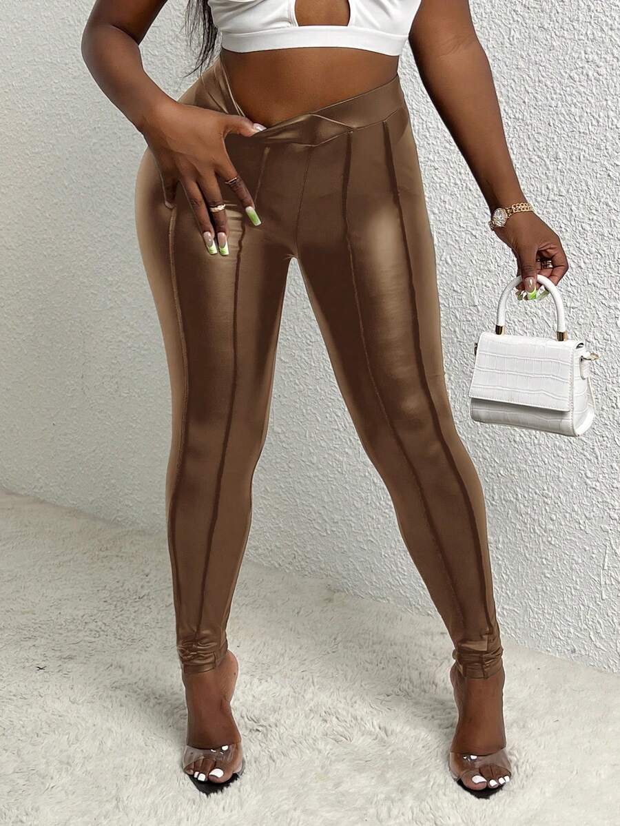 Slaydiva 女款純色緊身褲 - 棕色 - 查看 1