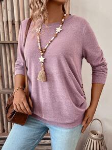 SHEIN LUNE 女式大碼鈕扣褶皺t恤 - 藕粉色 - 查看 6