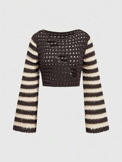 Grunge Punk Gestreifter Damenpullover Mit Ausgestellten Ärmeln Und Distressed-details