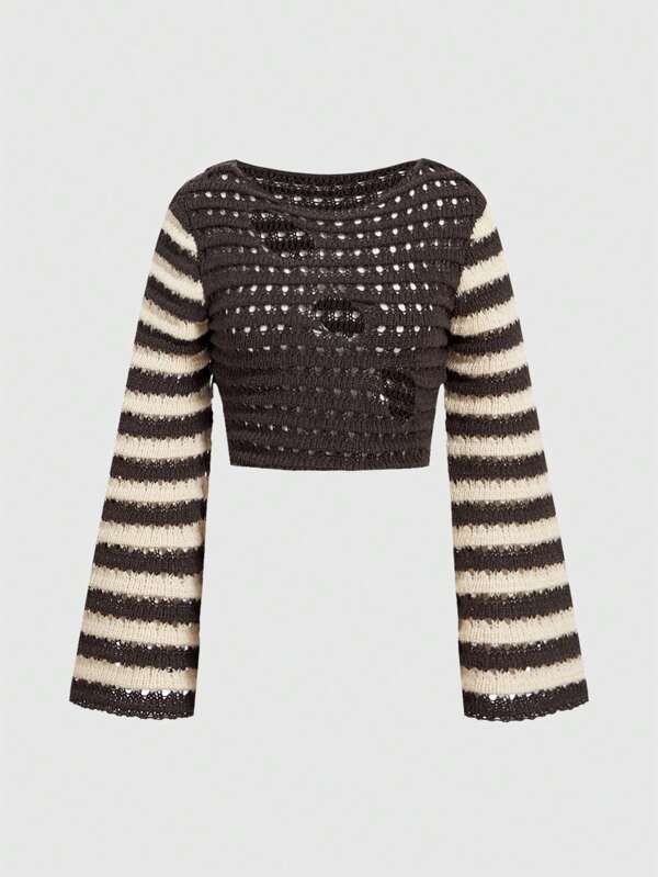 ROMWE Grunge Punk Suéter A Rayas De Mujer Con Mangas Acampanadas Y Detalle Desgastado