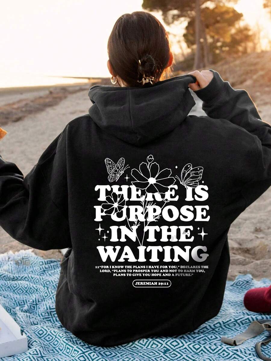 SHEIN EZwear Của phụ nữ Hoodie Áo nỉ Với Loại bướm Và Slogan In ấn - màu đen - Xem 1