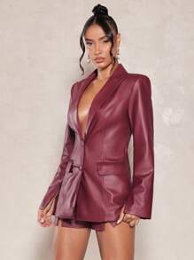 SHEIN BAE 红棕色PU皮西装外套，适合新年夜、派对和夜店等场合。 - 酒紅色 - 查看 6