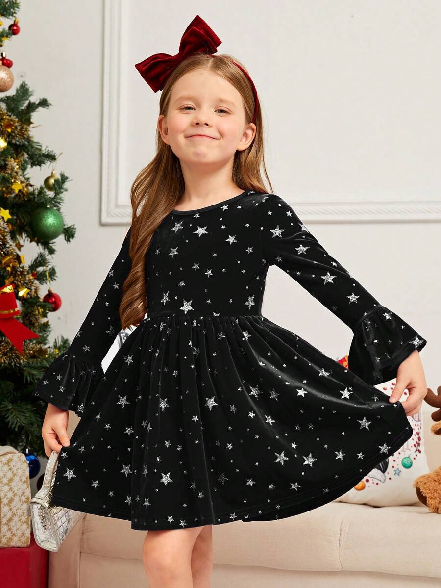 SHEIN 小女孩固色圓領荷葉袖裙 - 黑色 - 查看 1