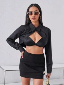 SHEIN ICON Women's Solid Color Shawl Style Long Sleeve Shirt - Black - View 1