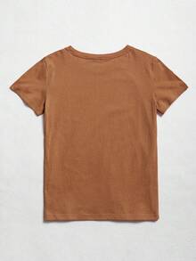 SHEIN LUNE 蝴蝶與信件印花短袖t恤 - 棕色 - 查看 2