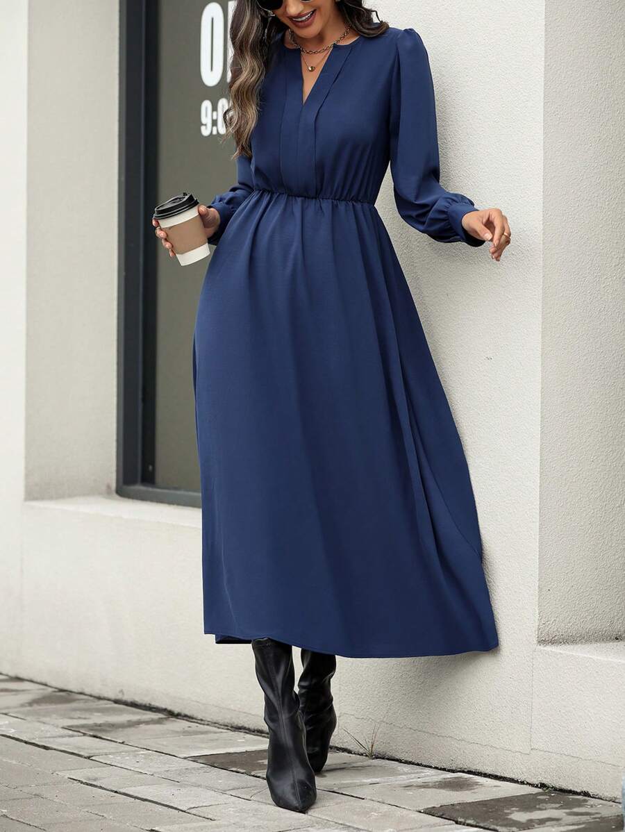 SHEIN Clasi Notched Neckline Puff Sleeve Dress - Blue - View 1