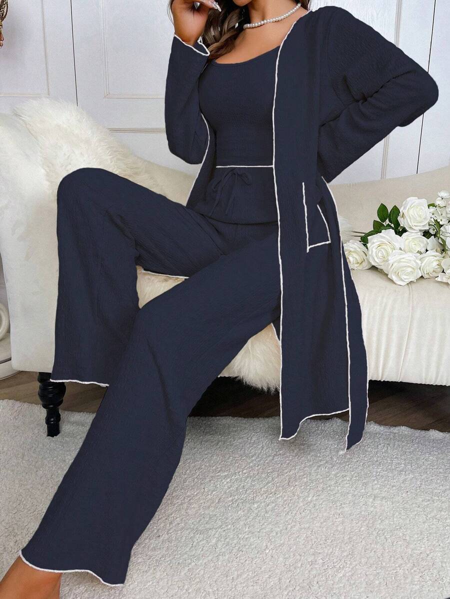 Women's Long-Sleeved Belted Robe And Cami Top & Long Pants Home Wear Set Outfit - Navy Blue - View 1