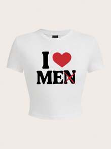 SHEIN EZwear 心形印花休闲圆领短袖修身女式T恤，适合夏季