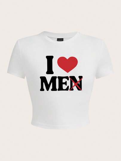 SHEIN EZwear Hjärttryckt Casual Rund Hals Kortärmad Figurnära Dam T-shirt, Lämplig För Sommaren