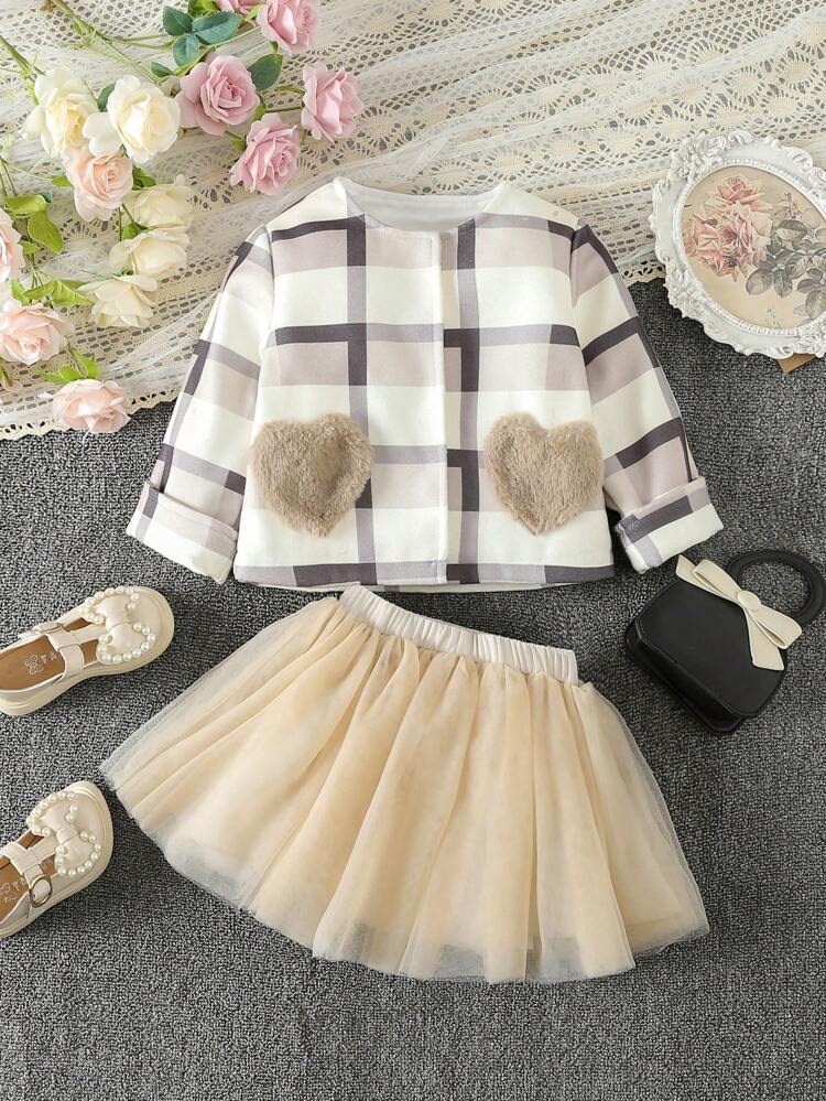 Baby Girls' Elegant Vintage Plaid Coat And Mesh Skirt Set