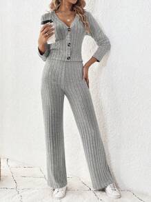 SHEIN LUNE Quý cô Màu thuần Bộ đồ trên và quần - Màu Khaki - Xem 3