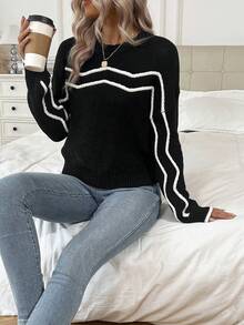 SHEIN LUNE 條紋圖案落肩袖套頭毛衣 - 黑色 - 查看 5