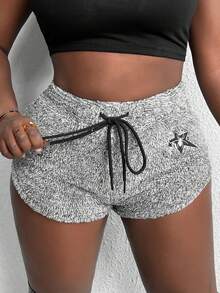 Slaydiva Women's Plush Shorts With Embroidered Stars And Drawstring Waist - Grey - View 6