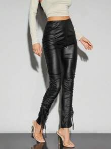 SHEIN BAE 女士pleats Pu皮紮腰長褲 - 黑色 - 查看 5