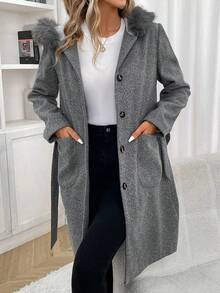 SHEIN Frenchy Patchwork Woolen Coat With Hood And Waist Belt - Grey - View 6