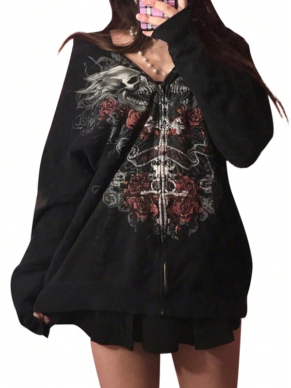 Women's Skull Printed Hooded Sweatshirt With Zipper,Long Sleeve Tops