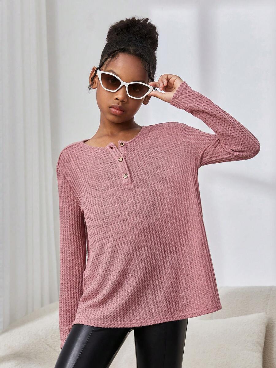 SHEIN Cô gái Đúng mốt Thanh lịch Dệt kim Màu thuần Cổ thuyền viên Tay áo dài Áo - Hồng - Xem 1