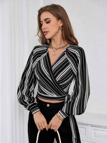 SHEIN Privé Women's Striped Print Raglan Sleeve Crop Tie Front Shirt - Black and White - View 5